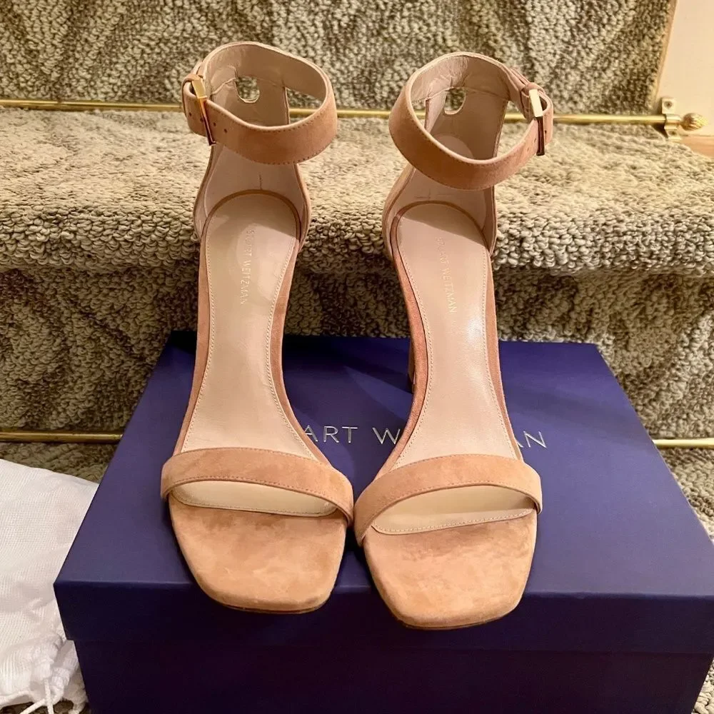 NWB Stuart Weitzman 100 Square Nudist Nude Suede Heels Sandals Shoes 8.5 M